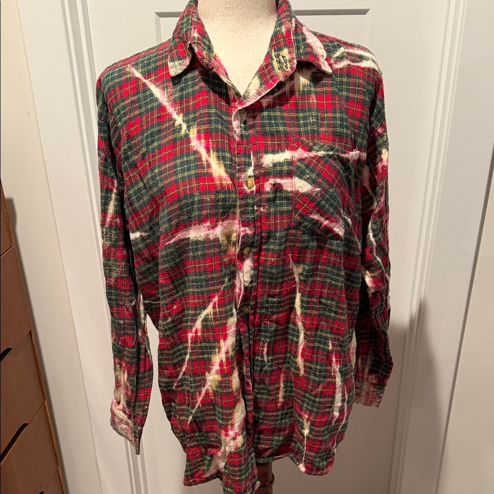 Plaid Bleach Dye Button-Up Blouse in Red and Green